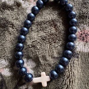 Elegant Blue Beaded Bracelet with Cross Charm